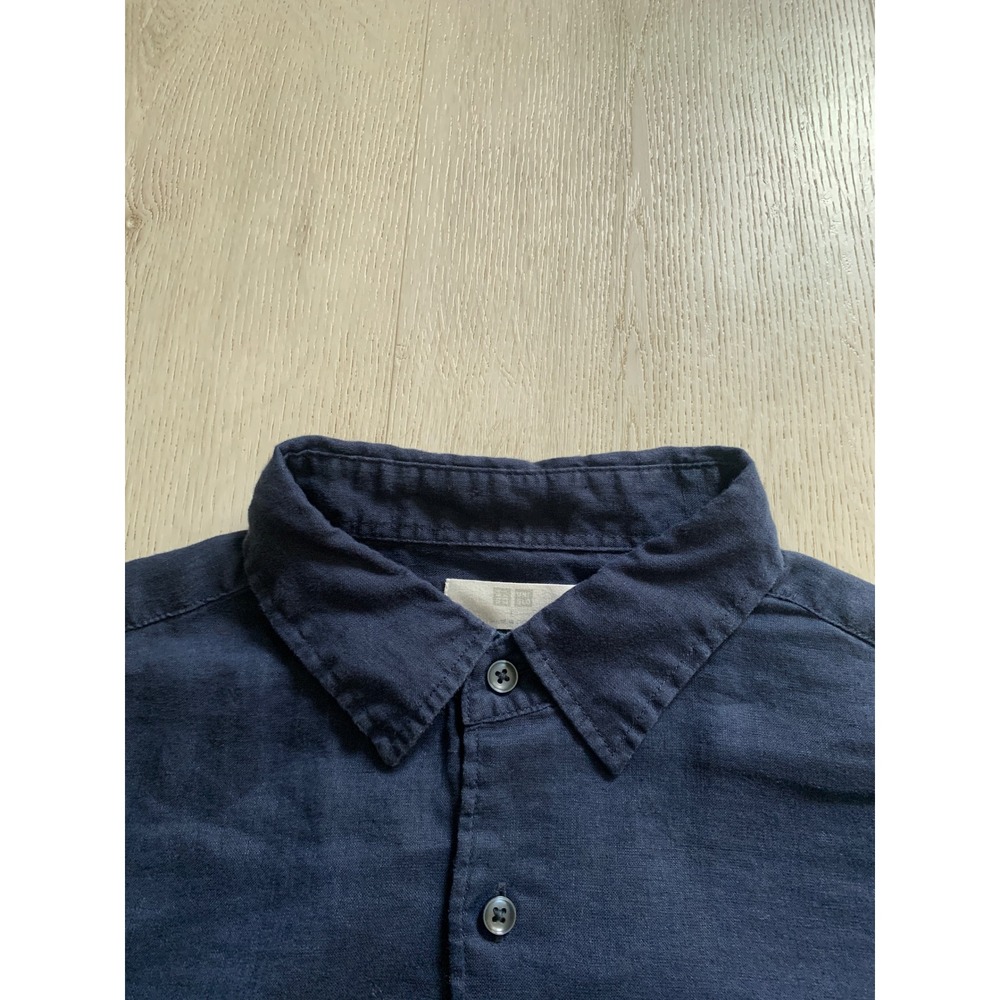 Uniqlo Mens Linen Blend Long Sleeve Button Down Shirt Navy Blue Size L Pocket